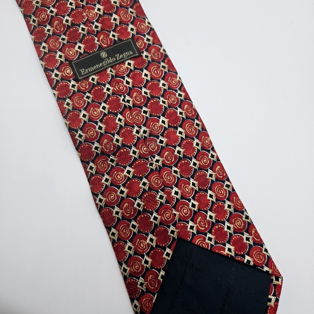 ERMENEGILDO ZEGNA Men's 100% Silk‎ Necktie ITALY Luxury Geometric Red/Blue